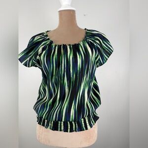 Michael Kors Navy and Green Striped Peasant Top